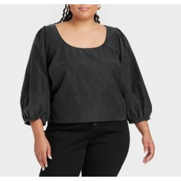 Ava & Viv Women's Plus Size‎ 2X Black 100% Cotton Quarter Balloon Sleeve Blouse - Picture 1 of 9